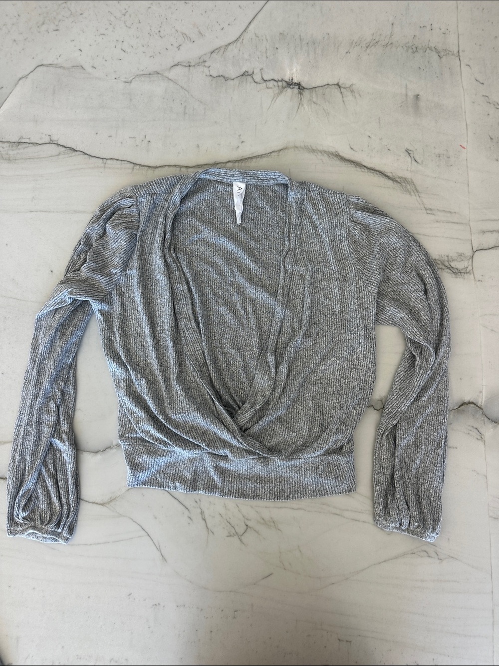Women's Gray Ribbed Wrap-Front Long Sleeve Top